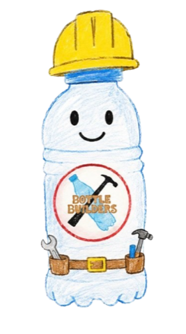 The Bottle Builders mascot, a bottle wearing a hard hat and tool belt