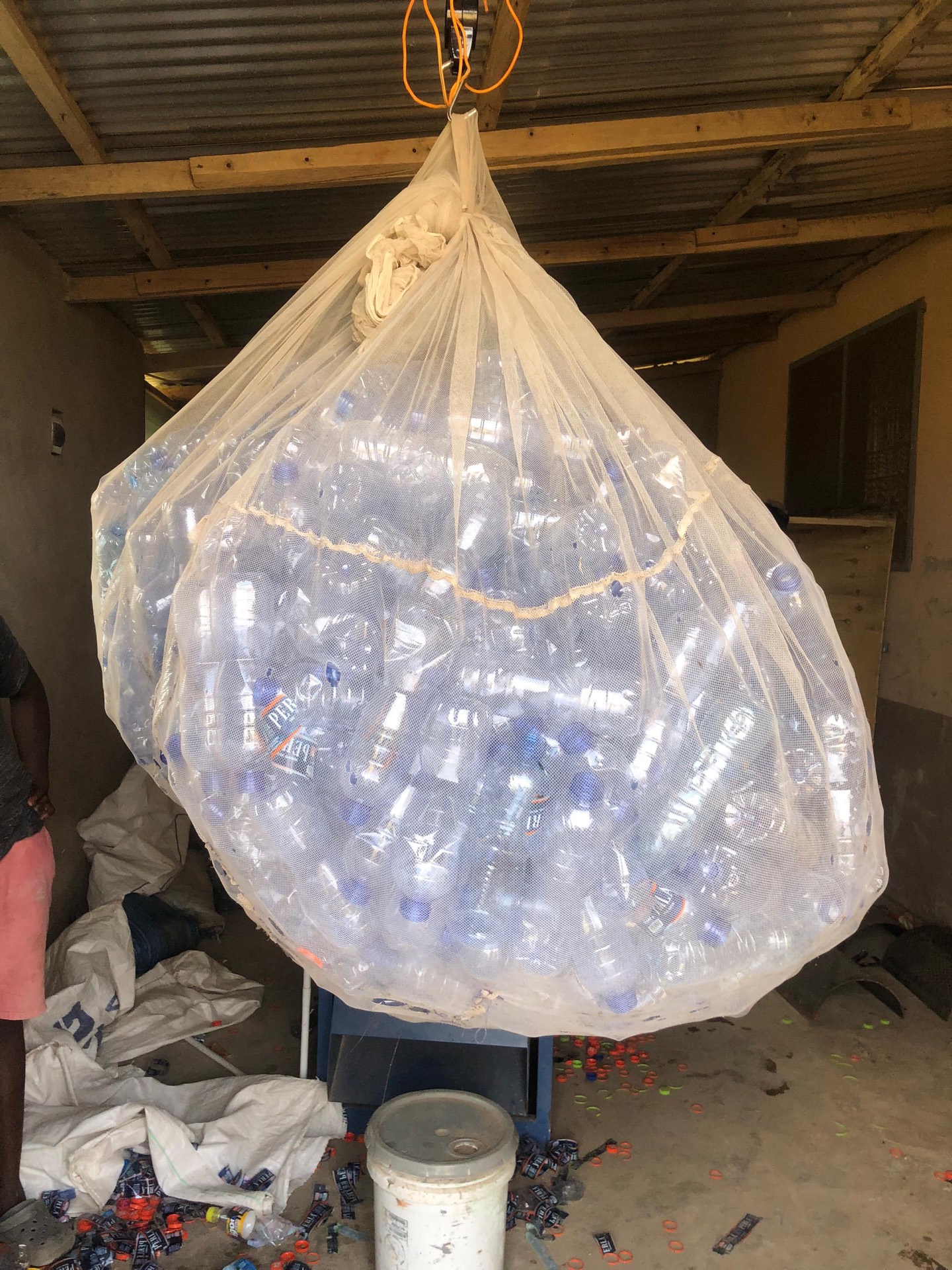 Collected PET bottles at the Bottle Builders site